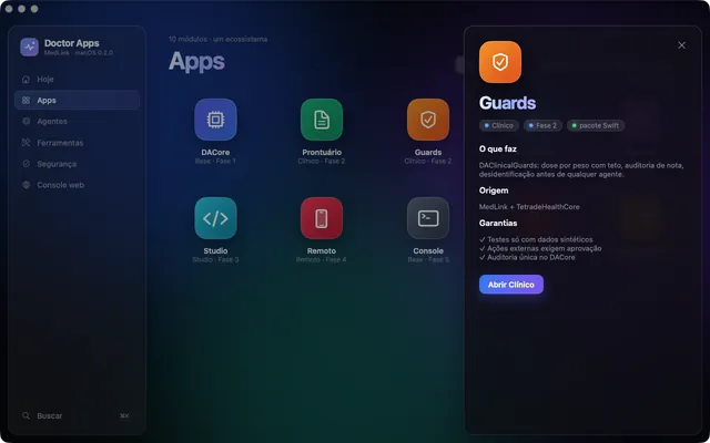 Grade de módulos no Mac com a ficha do módulo Guards aberta