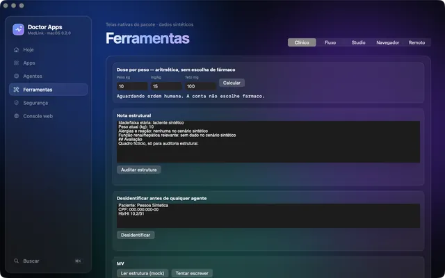 Ferramentas no Mac: dose por peso com teto, auditoria de nota e desidentificação
